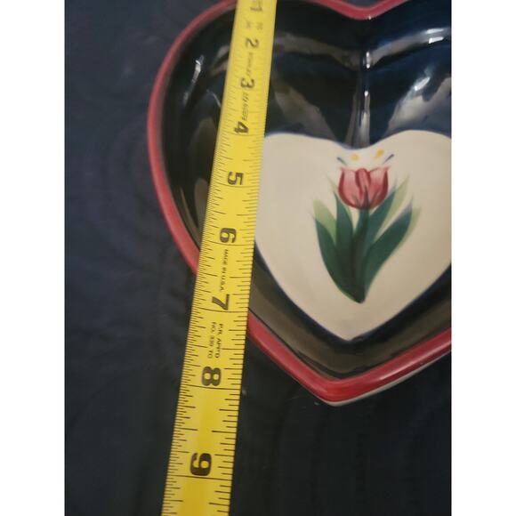 Heart Shape Bowl by P Silkotch Hand Painted Royal Blue Pink Tulip 1992 Signed - Picture 7 of 8